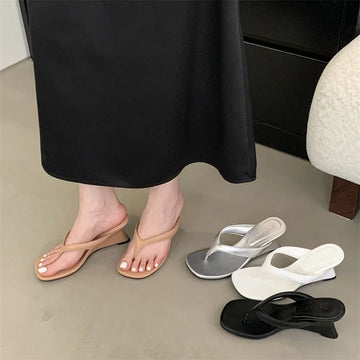 Xajzpa Fashion Square Clip Toe Platform Wedges Women Slippers 2025 Summer High Heels Flip Flops Ladies Shoes